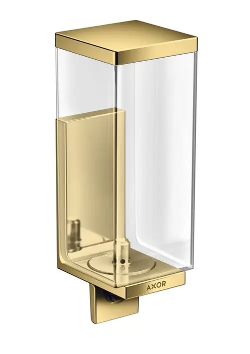 Transparenter Lotionenspender mit goldfarbenem Deckel und Halterung, montierbar an der Wand, mit AXOR-Logo an der Basis.